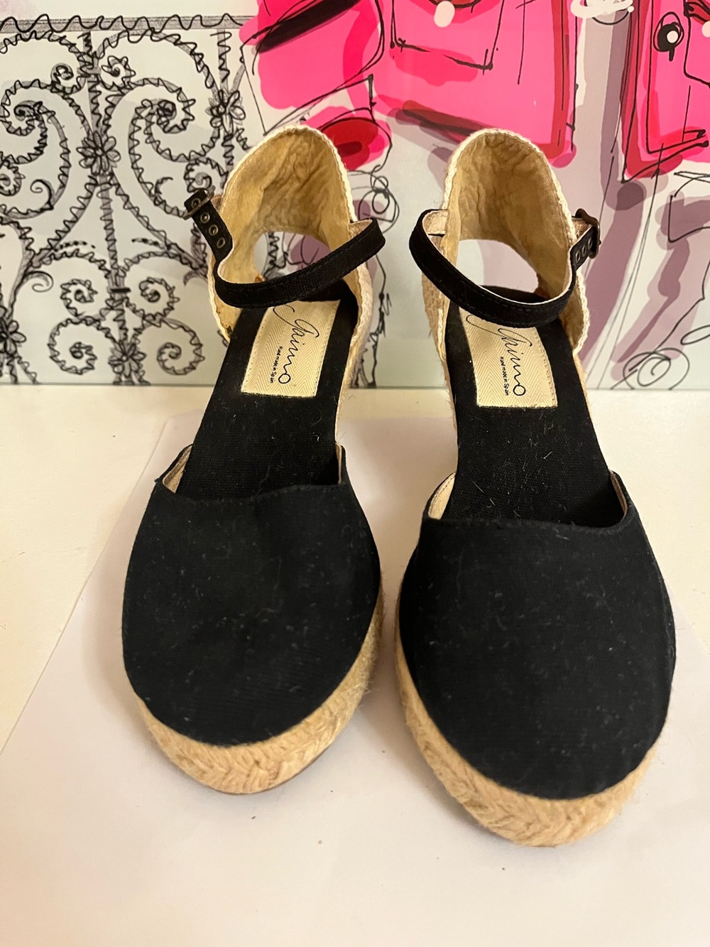 Gaimo Black Canvas Espadrille Ankle-Strap Wedge Sandals - Size 38 (US 7.5-8)